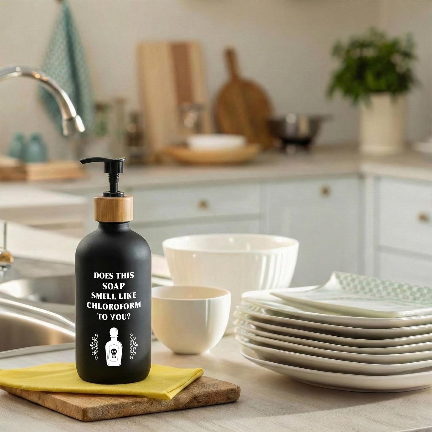 ChissNook Funny Gothic Soap Dispenser, Does This Smell Like Chloroform to You Glass Dish Soap Dispenser with Pump for Kitchen, Funny Bathroom Countertop Handsoap Refillable Container