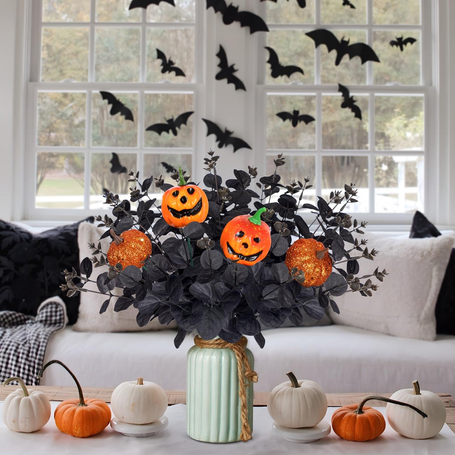 Yen Jean 12PCS Black Halloween Pumpkin Decorations Indoor Artificial Fake Flowers: Eucalyptus Branches Stems Table Centerpieces Decor