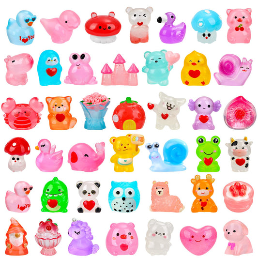 56 Pcs Valentine's Day Luminous Mini Figures 56 Types Valentines Glow in The Dark Miniature Love Heart Resin Animanl Tiny Duck Figurines for Valentines Party Gifts DIY Craft Dollhouse Scene Decor