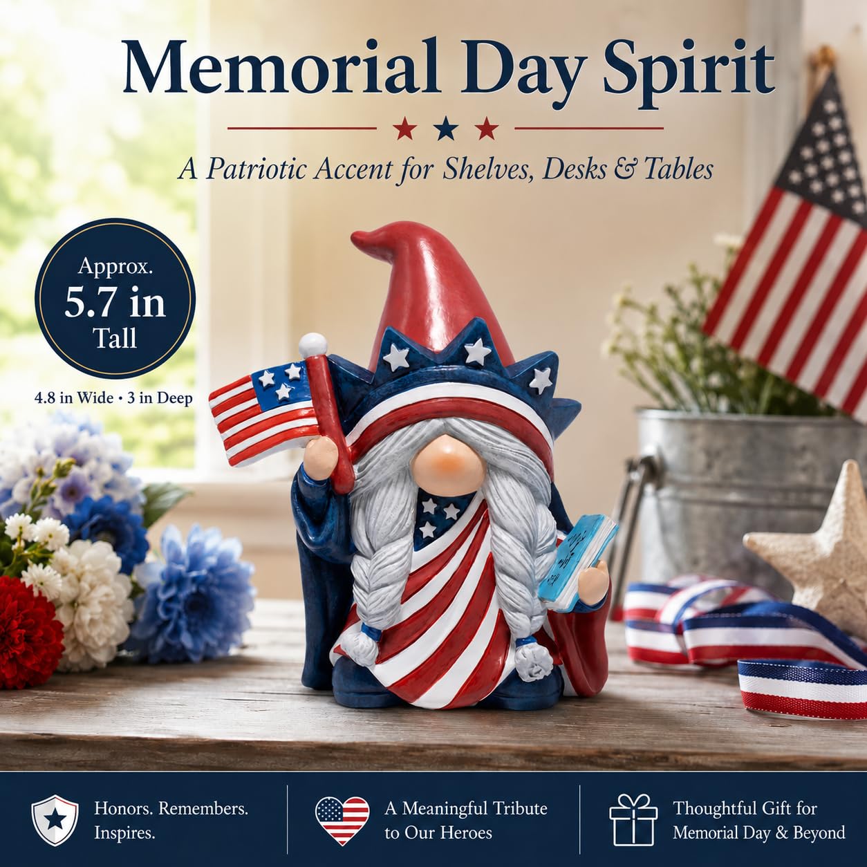 Hodao Year-Round Patriotic Gnome Decorations, 4th of July Patriotic Independence Day Memorial Day Veterans Day Decor, Tiered Tray Decor for Home Office, Red White Blue Gnome Gifts