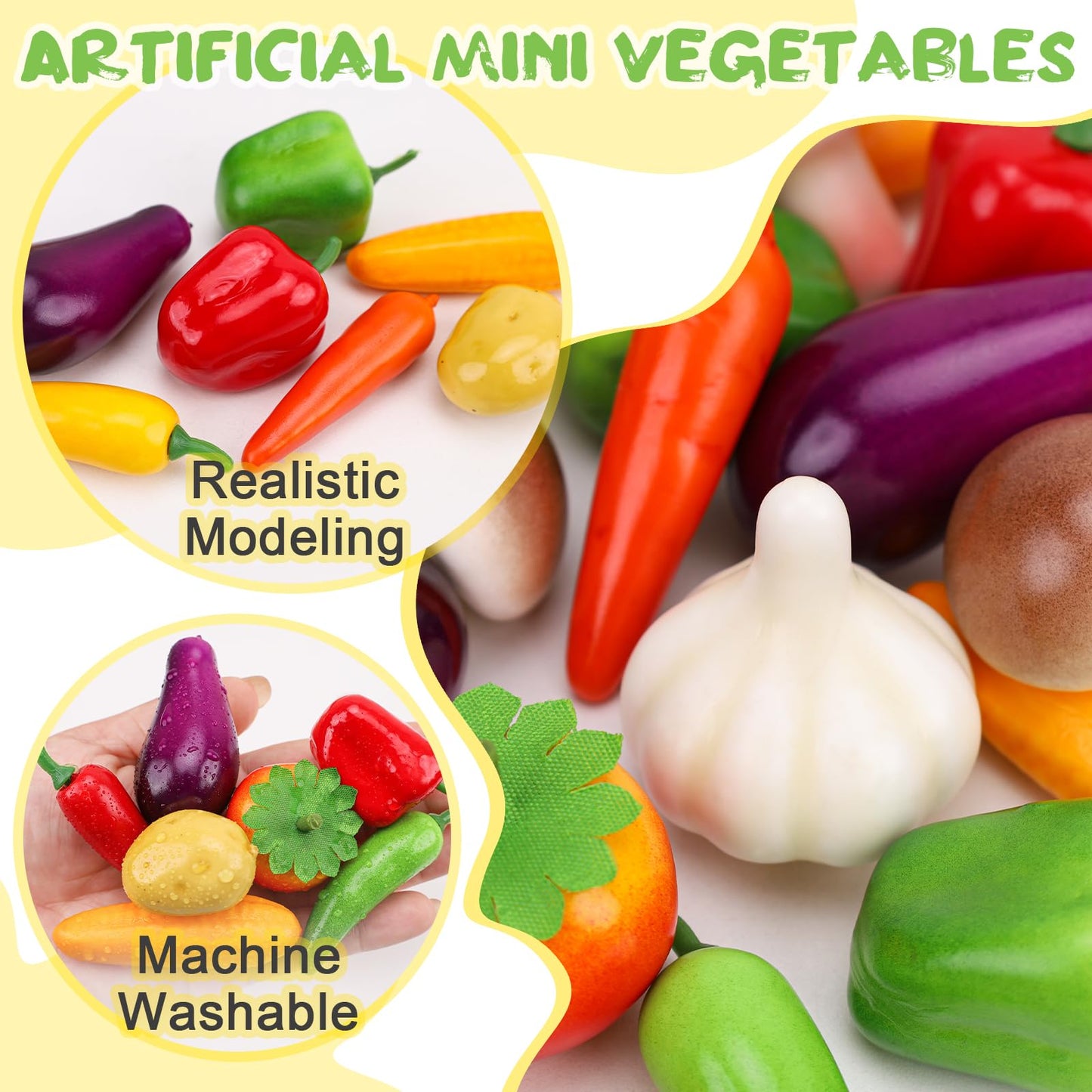 Gresorth 70 PCS Fake MINI Vegetables Artificial Garlic, Corn, Pepper, Pumpkin, Carrot, Potato, Eggplant ……