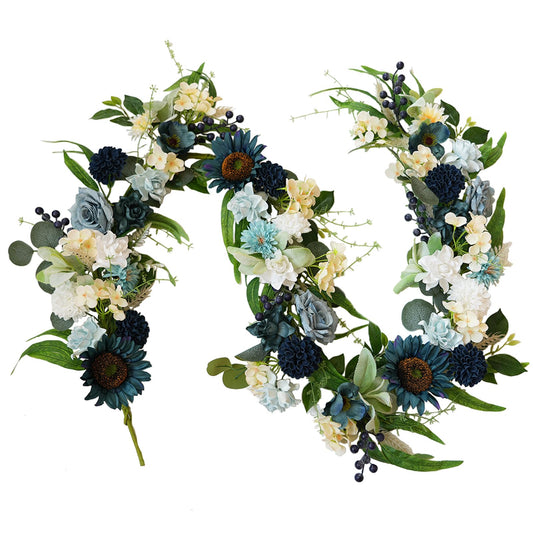 Idyllic 6 Ft Blue Rose Vine Garland - Artificial Spring Floral Garland for Wall Decor, Window, Mantle, Wedding, Home Decor - Faux Long Hanging Vine with Leaves