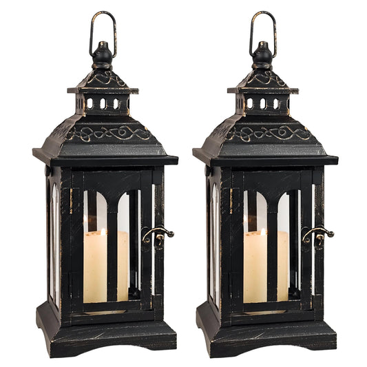 DECORKEY Candle Lantern Decorative Indoor & Outdoor, 2 PCS Christmas Vintage Metal Hanging Lanterns Decor for Front Porch Home Patio Wedding Party, Halloween Decorations (Black with Copper Brush)