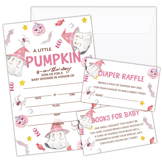 HQLOW Pink A Little Pumkin Halloween Boo! 25 Baby Shower Invitations with Envelopes Diaper Raffle Cards Book Cards for Baby Announcement, Gender Reveal, Party Invitations-09
