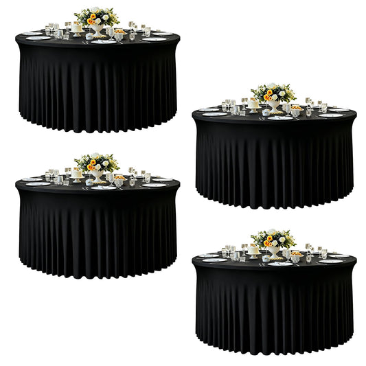 4 Pack 132 Inch Black Round Tablecloth, Fitted Tablecloths for 6FT Round Tables, Spandex Table Cover with Table Skirt for Wedding Photography Party Professional Events Halloween Decoration Indoor