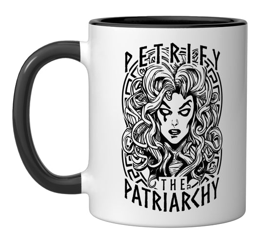 Petrify The Patriarchy Feminist Halloween Goth Medusa Witch Ceramic Mug, Black/White