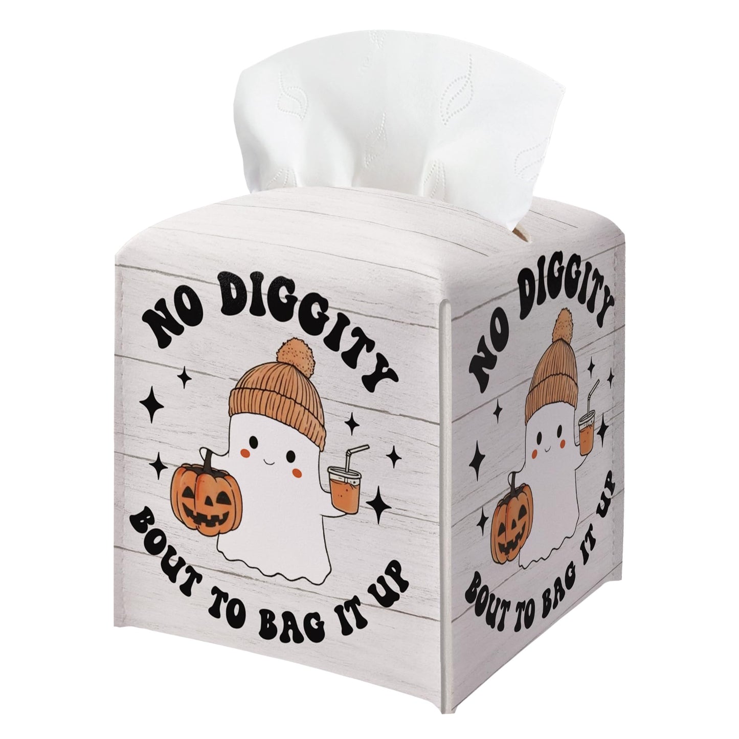 Halloween Tissue Box Holder, No Diggity Bout to Bag It Up Cute Ghost Leather Tissue Box Cover Square, Facial Paper Organizer Dispenser Toilet Paper Holder for Bathroom Kitchen Office Home Decor-A06
