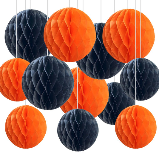 CC wonderland zone 12pcs Black and Orange Paper Honeycomb Balls,Hanging Tissue Pom poms for Halloween Party Decorations