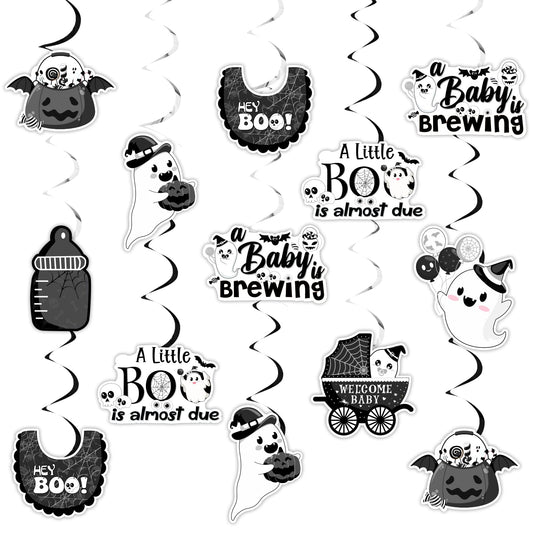 Kreatwow Halloween Baby Shower Decorations Black White 24pcs A Little Boo Is Almost Due Hanging Swirls A Baby Is Brewing Party Little Boo Party Decor Spooky Hanging Streamer for Pregnancy Celebration