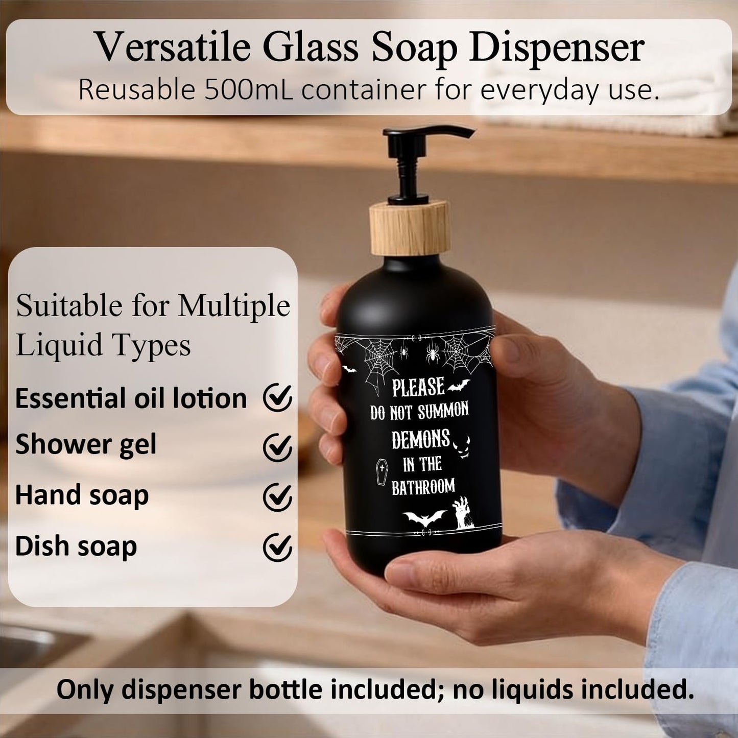 OuOvOwO Gothic Halloween Black Bathroom Glass Soap Dispenser