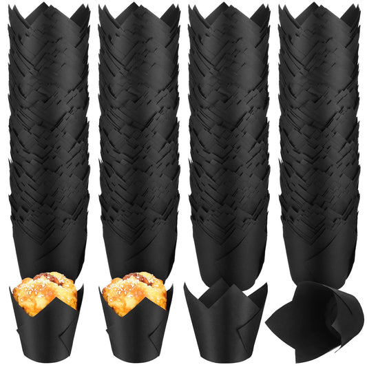 Funtery 400 Pcs Black Tulip Cupcake Liners for Baking Cups Standard Size Greaseproof Parchment Paper Tulip Muffin Liners Cupcake Wrappers for Weddings, Birthdays, Baby Showers, Parties(Black)