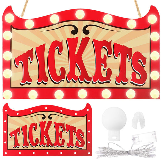 Aurelema 16.5 Inch Lighted Carnival Party Decoration Carnival Ticket Wooden Sign Circus Light Up Hanging Door Decor with 20 LED String Lights for Circus Indoor Outdoor Party Decoration
