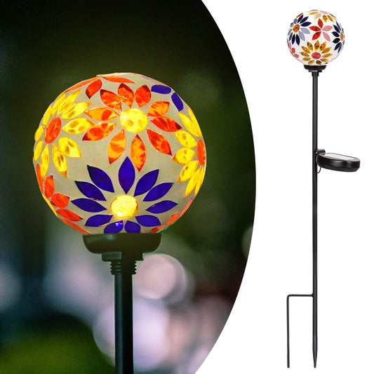 Afirst Solar Lights Outdoor Decorative - Solar Gazing Ball Mosaic Garden Stakes Flower Decorative Lights Waterproof for Pathway Yard Lawn Decoration Orange