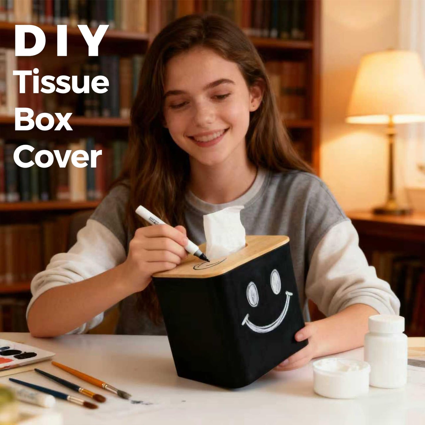 Tissue Box Cover Square, Modern Black Facial Tissue Holder with Bamboo Lid