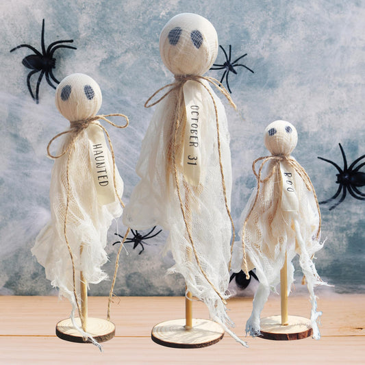 Vintage Halloween Ghost Decorations - 3-Piece Wooden Table Decor for a Spooky Farmhouse Tiered Tray and Fireplace - Perfect for Fall