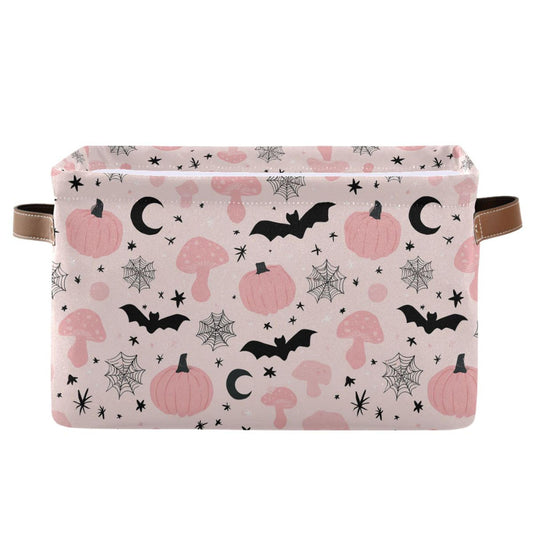 Happy Halloween Pink Storage Basket with Waterproof Liner and PU Handles Pumpkin Bat Moon Mushroom Storage Bins Boxes 14.2" Collapsible Decorative Organizer Baskets for Bedroom Closet Office 1 Pack