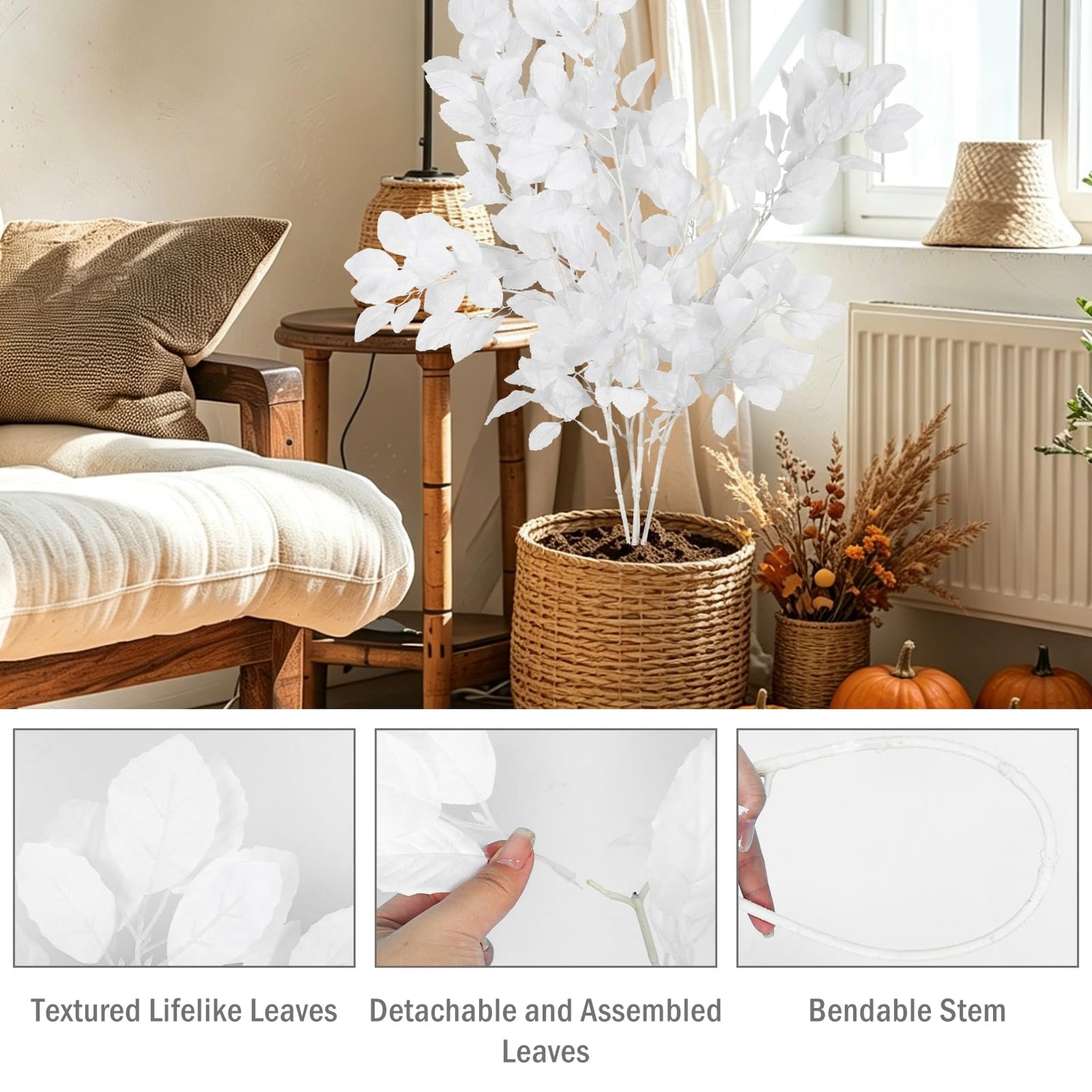 RECUTMS Artificial Fall Beech Leaf Stems 4Pcs 39Inch Fake Foliage Branches for Tall Vase Faux Autumn Leaves Long Greenery Stem for Thanksgiving Halloween Harvest Home Wedding Party Decor(White)