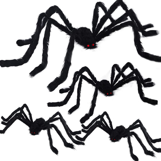 yosager Outdoor Halloween Decorations 4Pcs Realistic Giant Spiders, Huge Hairy Scary Halloween Spider Prop, Black Spooky Spider for Indoor House Outdoor Window Yard Patio Decor (24" 24" 36" 60")