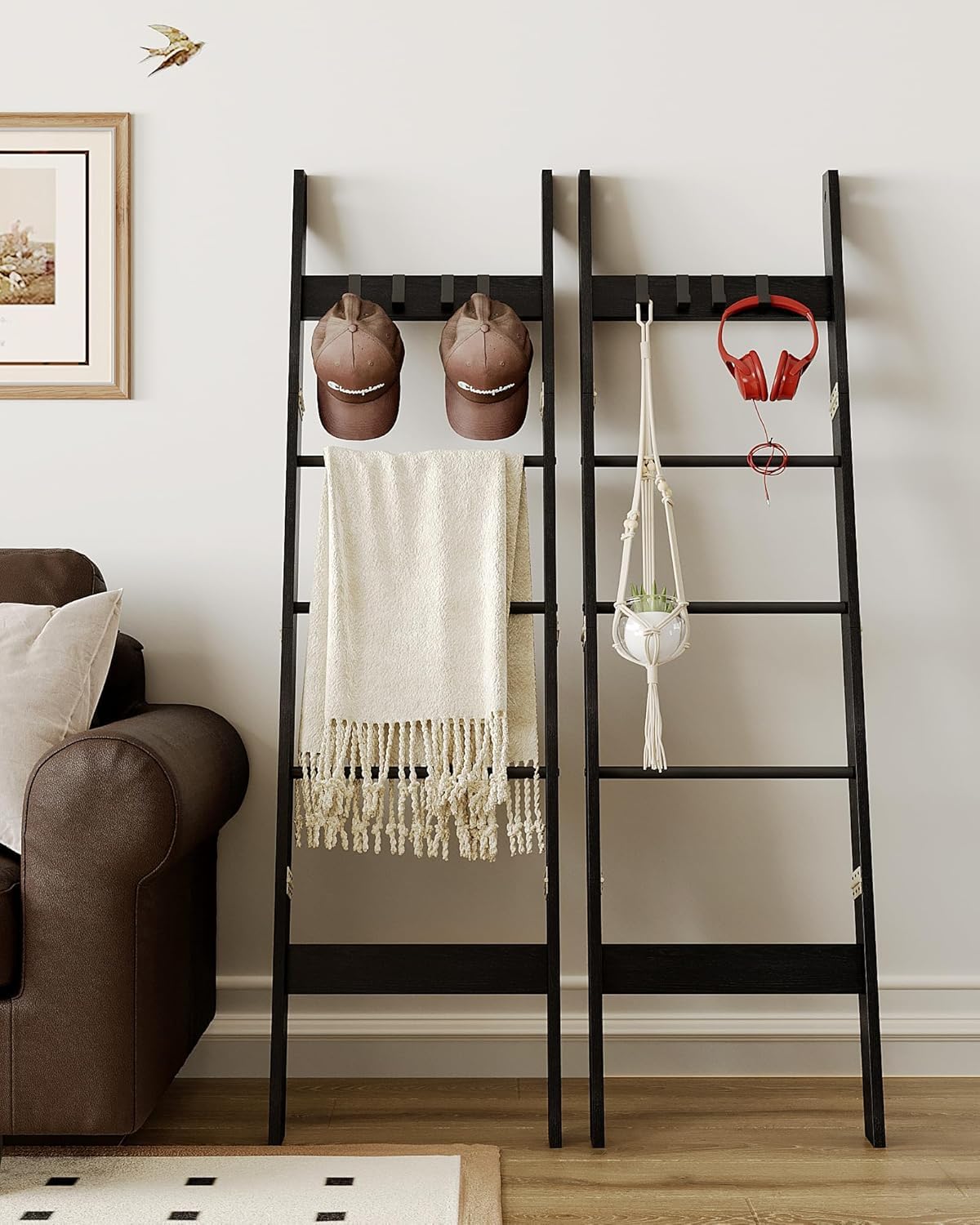Hzuaneri Blanket Ladder for Living Room, Decorative Quilt Rack with 4 Removable Hooks, 5-Tier Farmhouse Ladder Holder Shelf Organizer for Bedroom, Black BR02104B