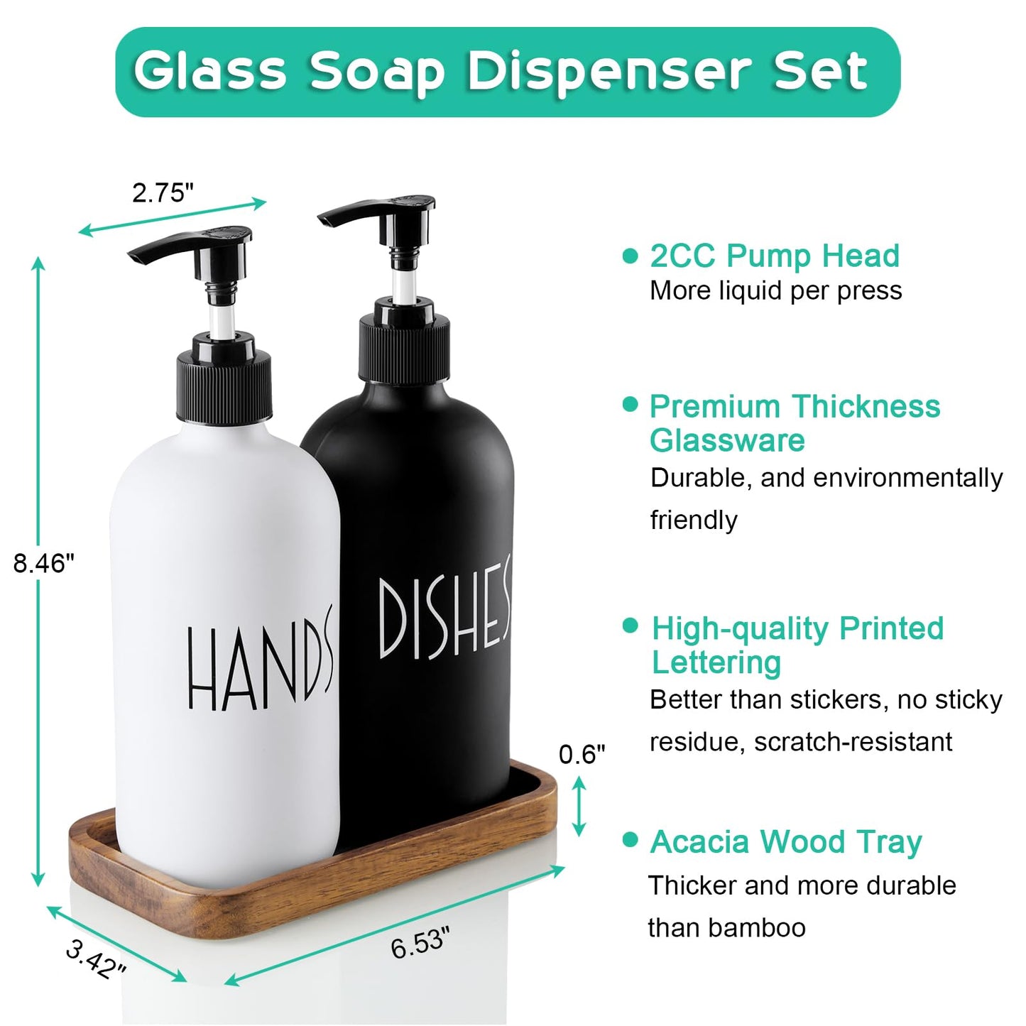 ALELION Glass Dish Soap Dispenser for Kitchen - 16 OZ Hand Soap Dispenser Set with Pump and Acacia Wood Tray - Black White Modern Farmhouse Kitchen Bathroom Decor and Accessories