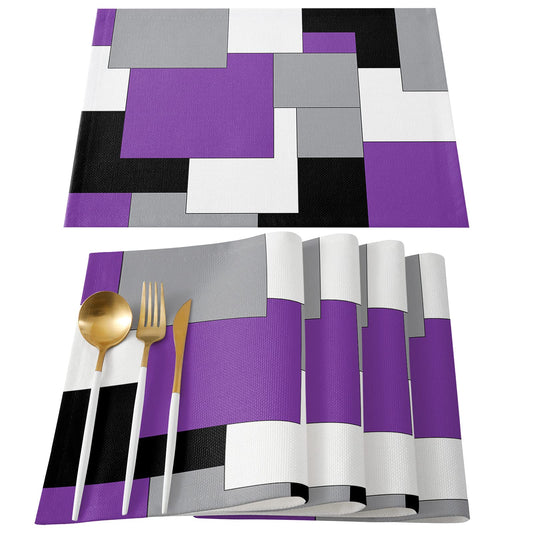 Placemats for Dining Table Set of 4, Abstract Art Patchwork Purple Black and Grey Kitchen Place Mats, Non-Slip Washable Table Mats, 13x19 in