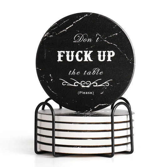 Drink Coasters Set of 6 with Holder, Absorbent Ceramic Coasters with Cork Base for Coffee Table, Rustic Marble Coasters Home Decor Housewarming Gift (Round-Black, 6)