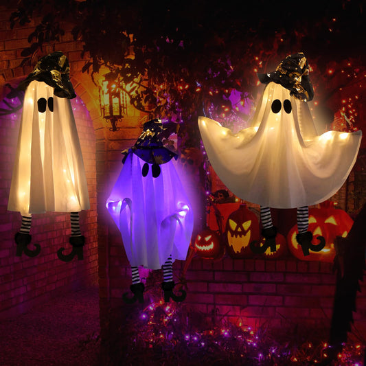 Halloween Hanging Decorations Set of 3 Battery Operated Small Floating Ghost Decor with Witch Hat & Striped Legs, 3 Light Modes Outdoor for Porch Tree Yard Garden Ceiling, Spooky Decor for Party Scene