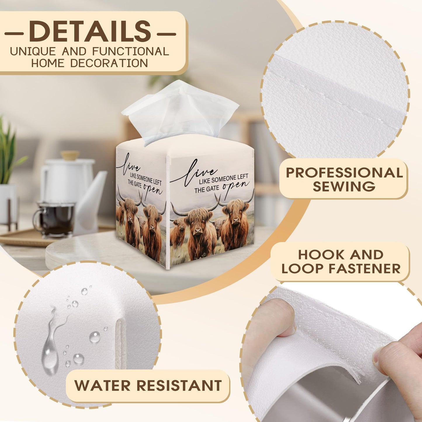 Cow Decorative Tissue Box Cover Holder, Tissue Box Cover Holder with Belt Bottom, New House Gift Ideas for Family Friends, Home Farmhouse Table Decor-(5.2 Inches) A22