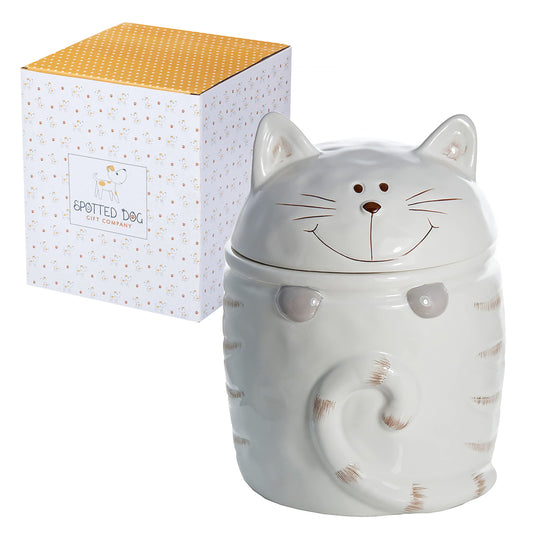 SPOTTED DOG GIFT COMPANY Ceramic Jar with Lid for Countertop, Cat Treat Container, Cute Decorative Kitchen Storage Jar for Tea Coffee Sugar, Gifts for People Who Love Cats, White 16oz