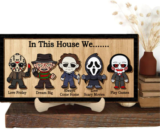 In This House We Horror Halloween, 2 Layered Frame Wood Sign, Halloween Signs, Wall Hanging Scary Decorations, Haunted Party, Spooky Movie Characters decor for Indoor Outdoor Wall Desk (STAND)