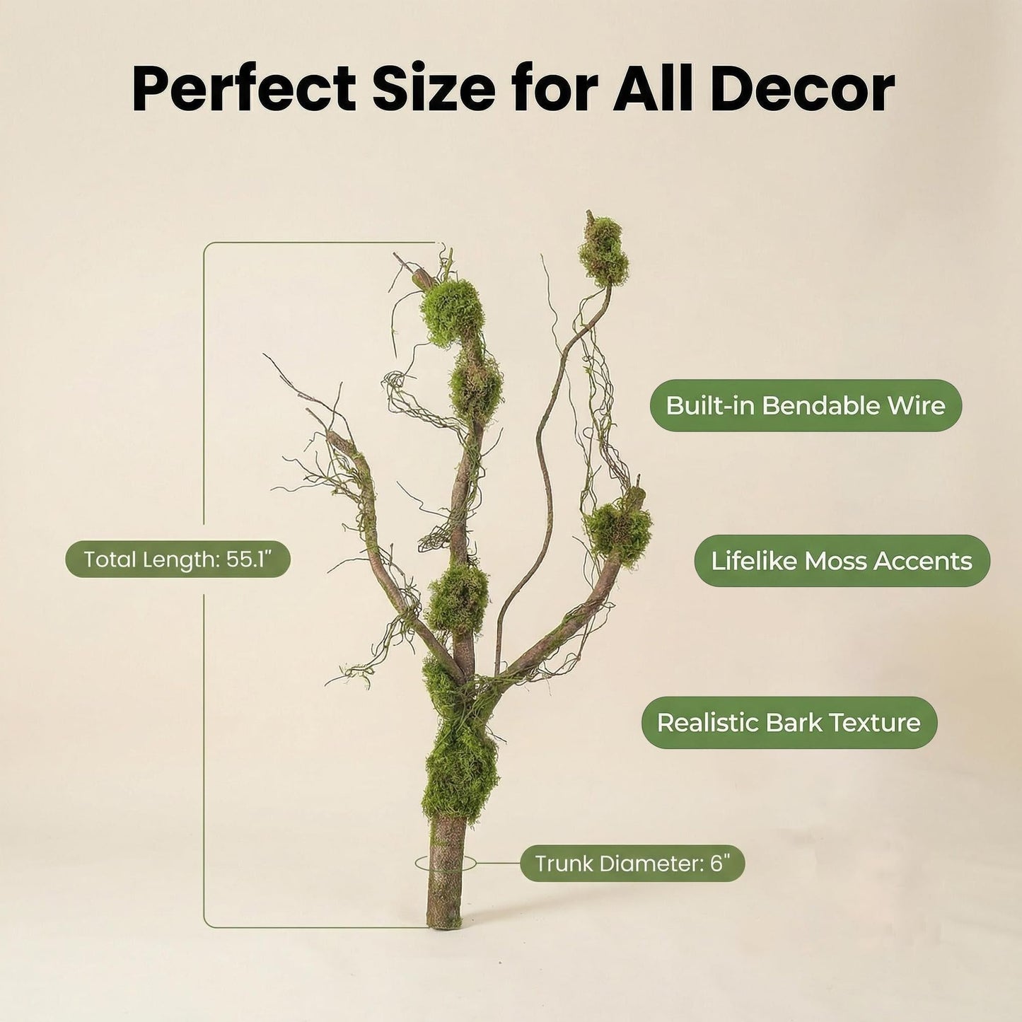 55inch Large Artificial Tree Branches Trunk Faux Moss Jungle Vine Thick Woodsy Tree Twigs Giant Bendable Creepy Green Plants for Wall Hanging Yard Mantel Forest Shelf Theme Party Halloween Decor
