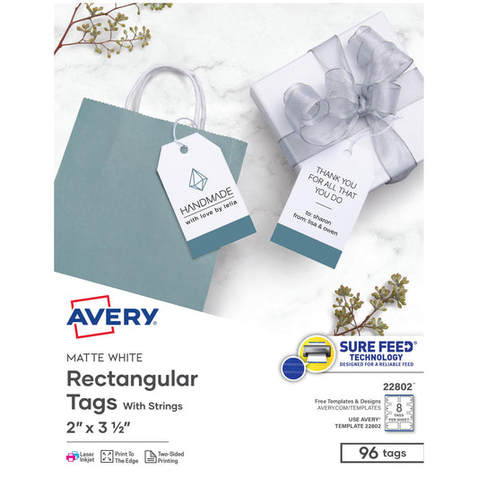 Avery Blank Printable Tags, Sure Feed Technology, 2" x 3.5", White, 96 Customizable Tags with String, Great for Branding, Gift Tags, Price Tags, and More (22802)