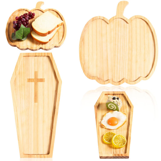 FOBSME 2 Pcs Halloween Wooden Charcuterie Boards Pumpkin and Coffin Shape Serving Platters Fall Wood Serving Trays Decorative Wooden Snack Dish Plates for Halloween Holiday Housewarming Presents