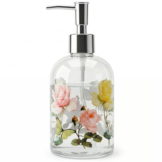 Topadorn 17oz Glass Soap Dispenser with Pump, Refillable Hand Soap Dispenser for Bathroom & Kitchen, Vintage Rose & Butterfly Floral Design, Decorative Farmhouse Countertop Decor