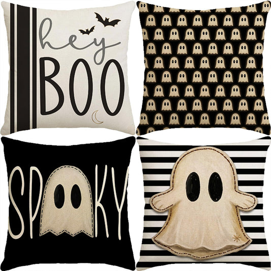 Juynyyn Halloween Hey Boo Cute Ghost Spooky Throw Pillow Covers, 18 x 18 Inch Horror Scary Cushion Case for Sofa Couch Set of 4