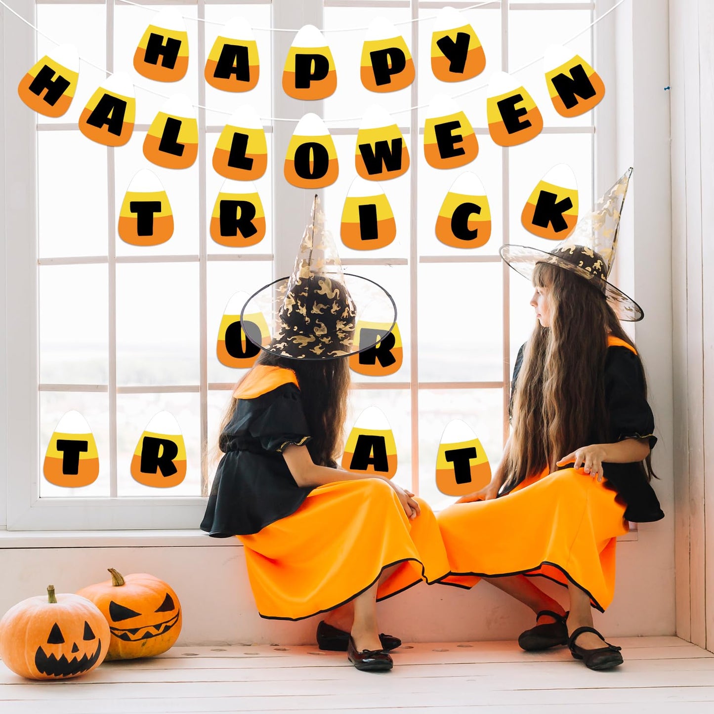 JarThenaAMCS 50Pcs Halloween Cutouts Candy Corn Paper Cut-Outs Halloween Candy Corn Bulletin Board Decor with 100Pcs Glue Points for DIY Art Craft Wall Home Classroom School Party