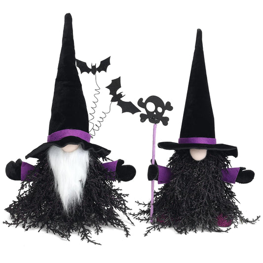 Fiarbrty 15 inch Halloween Gnome Decor, 2 PCS Tabletop Artificial Tree with Witch Gnome Skull Staff and Bat for Halloween Decoration Indoor and Outdoor, Home and Table Decor, Mantel Decoration