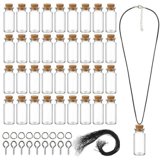 Sawysine 50 Set 10 ml Mini Glass Bottles with Cork Necklace Glass Tiny Wishing Bottle Vial Black Waxed Cord Eye Screws Clasp Rings for DIY Crafts Container Jars(Black)