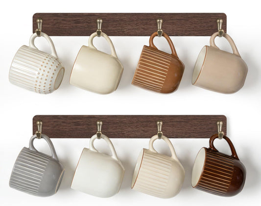 Mkono Coffee Mug Holder Wall Mounted Rustic Coffee Mug Rack with 8 Hooks Metal Display Shelf Wooden Tea Cup Organizer Hanger for Kitchen Dining Room Cabinet Coffee Bar,Set of 2 (Brown)