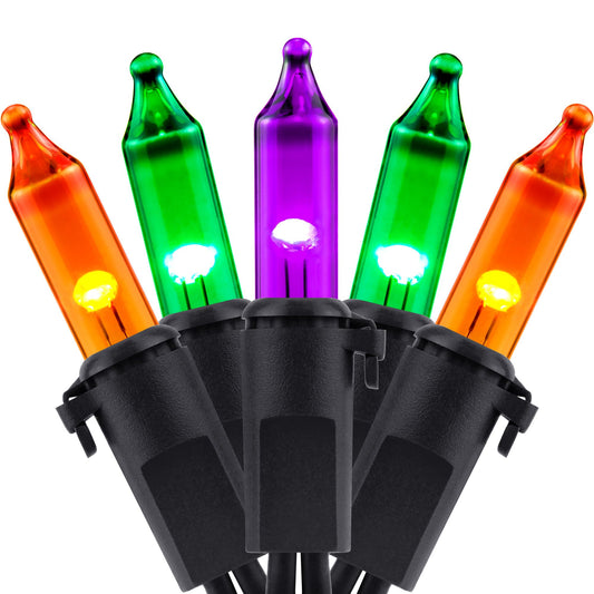 YULETIME 100 Orange Green Purple Halloween String Lights, 33 ft Black Wire