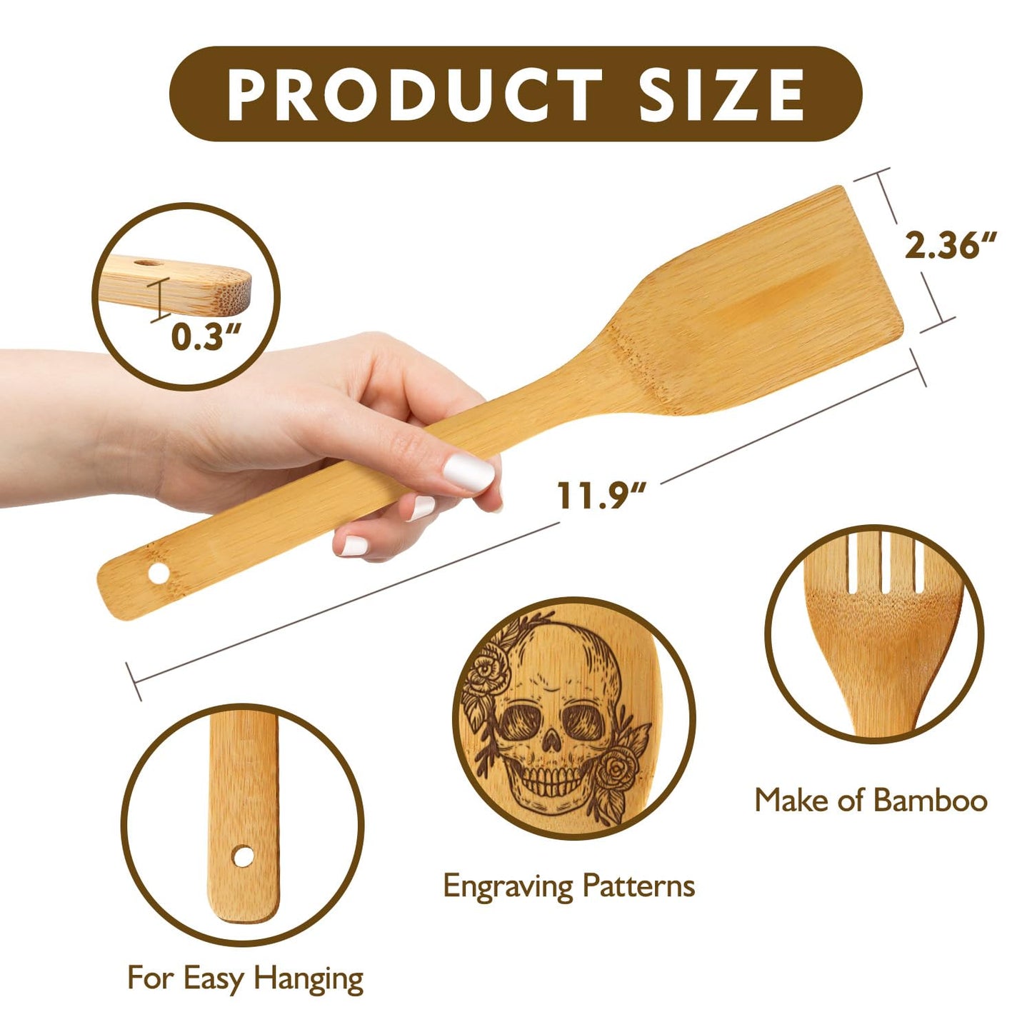6 Pcs Skull Engraved Bamboo Cooking Utensils Set, Halloween Gifts for Friends, Cool Cooking Spoons Set Gift for Women Men, Birthdays Housewarming Gifts