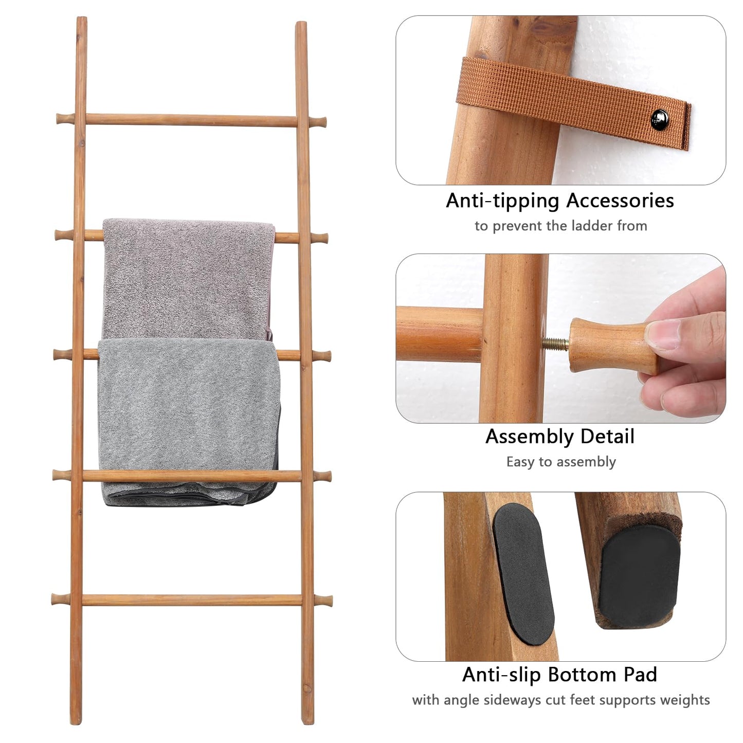 FUIN 57in Wood Blanket Ladder Living Room Decorative Wall Leaning Farmhouse Quilt Display Holder Rustic Wooden Towel Rack for Bathroom, Light Brown