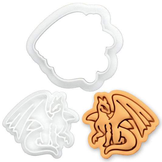 BAKERLOGY Dragon Mini Cookie Cutter and Stamp Set – Fantasy Creature Biscuit Fondant Embosser for Medieval Mythical Baking, Birthday Party Cupcake Decoration Tool
