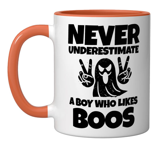 Never Underestimate A Boy Who Likes Boos Ghost Halloween Ceramic Mug, Orange/White