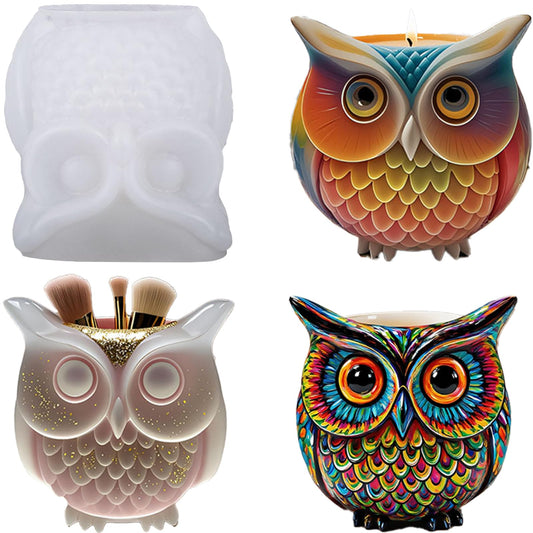 QUDYNZAL 1Pc 3D Owl Epoxy Resin Silicone Mold Animal Plaster Storage Box Candle Mold for Pen Holders Concrete Clay Art Crafts DIY Home Decor Potted Plant Decorations Halloween Party Gifts Storage Box