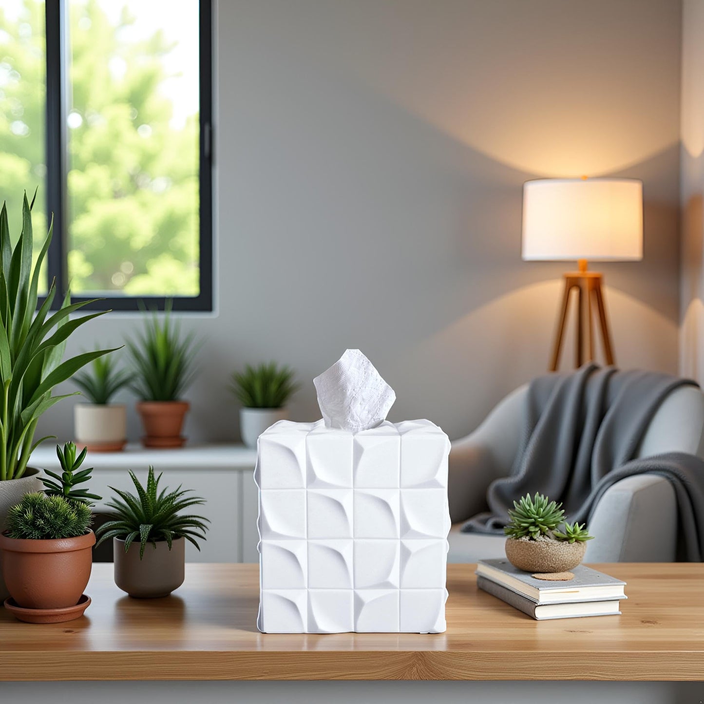 Huitony Square Tissue Box Cover Decorative Kleenex Box Holder for Bathroom & Living Room with Handcrafted Texture (White)