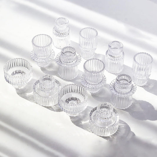 SYFURNIX Clear Candlestick Holders 12PCS Ribbed Glass Taper Candle Holders for Tealight Stick Candles Table Centerpieces Thanksgiving Christmas Indoor and Outdoor Decorations