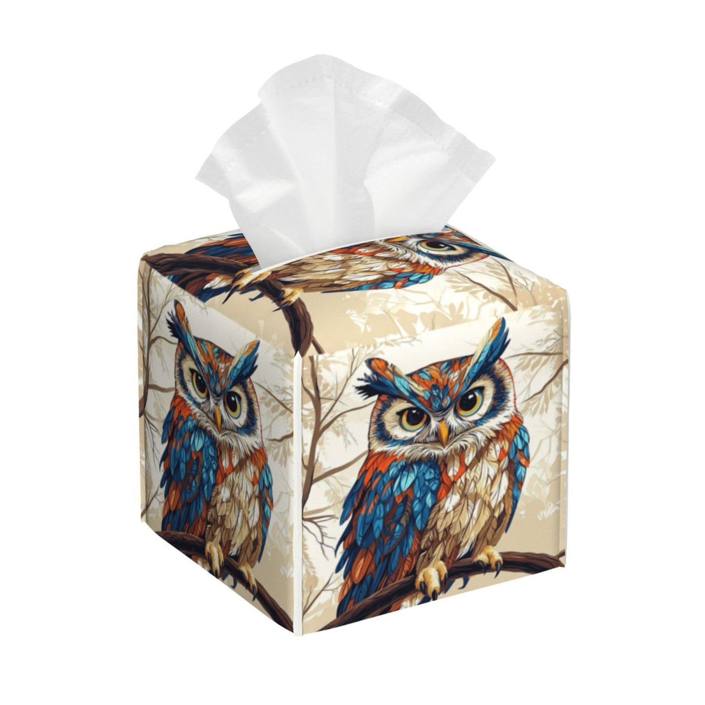 Cute Owl Tissue Box Cover Square, Waterproof Leather Tissue Box Holder Portable Dispenser Modern Home Decoration for Bathroom Car Nightstand Vanity