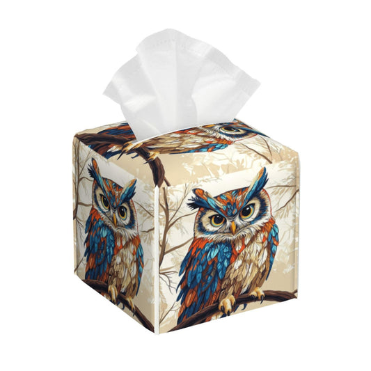 Cute Owl Tissue Box Cover Square, Waterproof Leather Tissue Box Holder Portable Dispenser Modern Home Decoration for Bathroom Car Nightstand Vanity