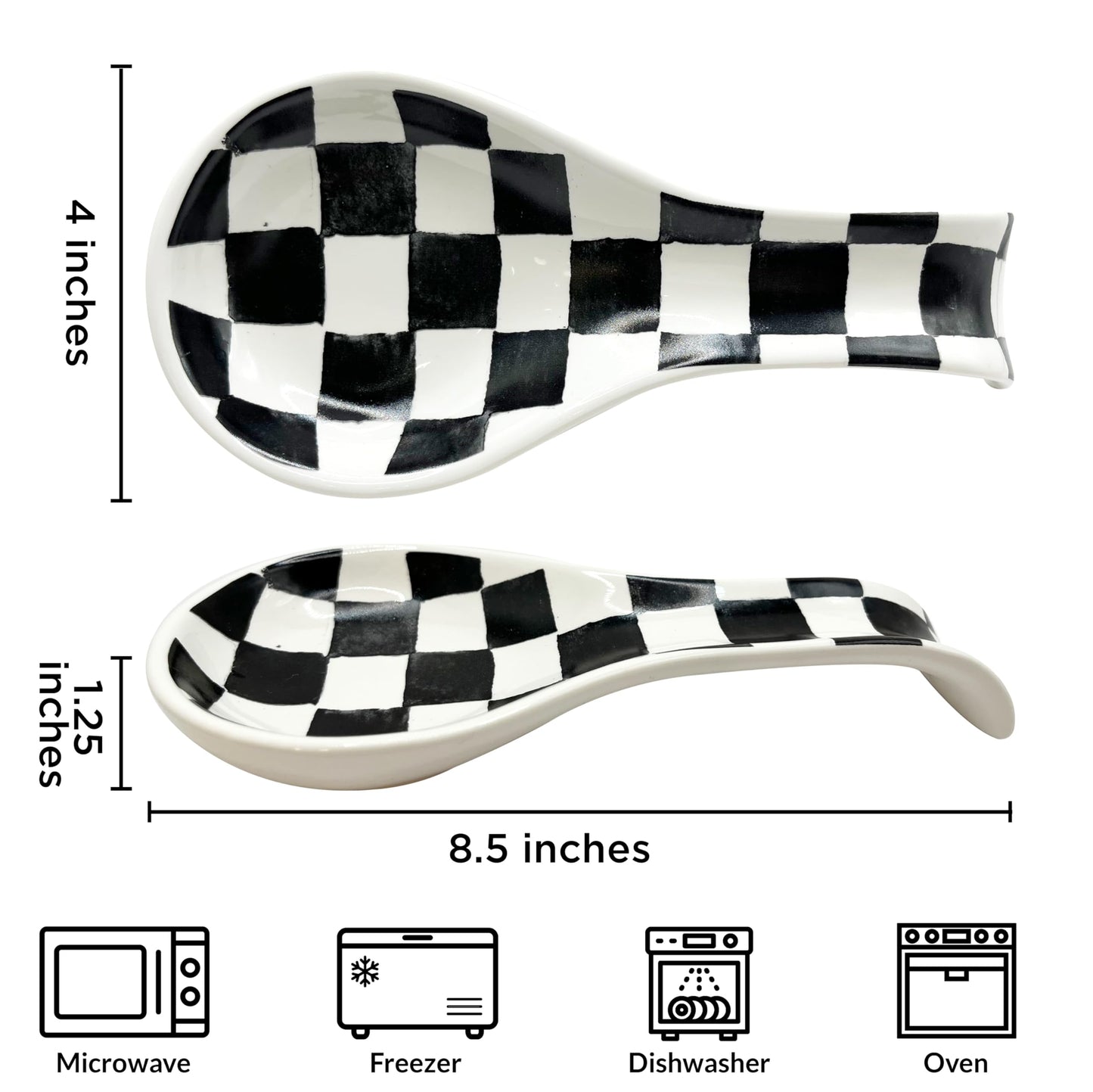 Checkered Spoon Rest for Kitchen Counter - Cooking Spoon Holder for Stove Top - Large Utensil Spatula Spoon Rest - Cute Kitchen Gadgets Gift for Housewarmings - Distressed Checkerboard Black and White